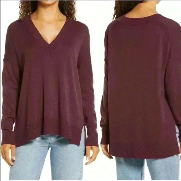 Chelsea28 Oversize V-Neck High/Low Sweater in Burgandy Stem Size XXS NWT - Picture 2 of 9